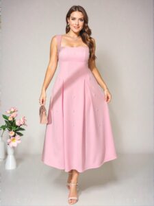 Elegant Pink Relaxed Plus Size Spring & Summer Maxi Dress with Pearl Beaded Details for Various Celebrations and Events - Chic, Classy and Trendy Fashion Style to Dress to Impress