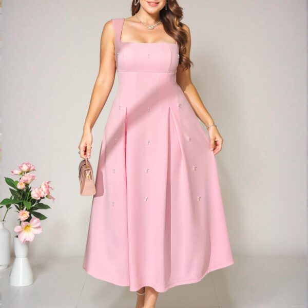 Elegant Pink Relaxed Plus Size Spring & Summer Maxi Dress with Pearl Beaded Details for Various Celebrations and Events - Chic, Classy and Trendy Fashion Style to Dress to Impress