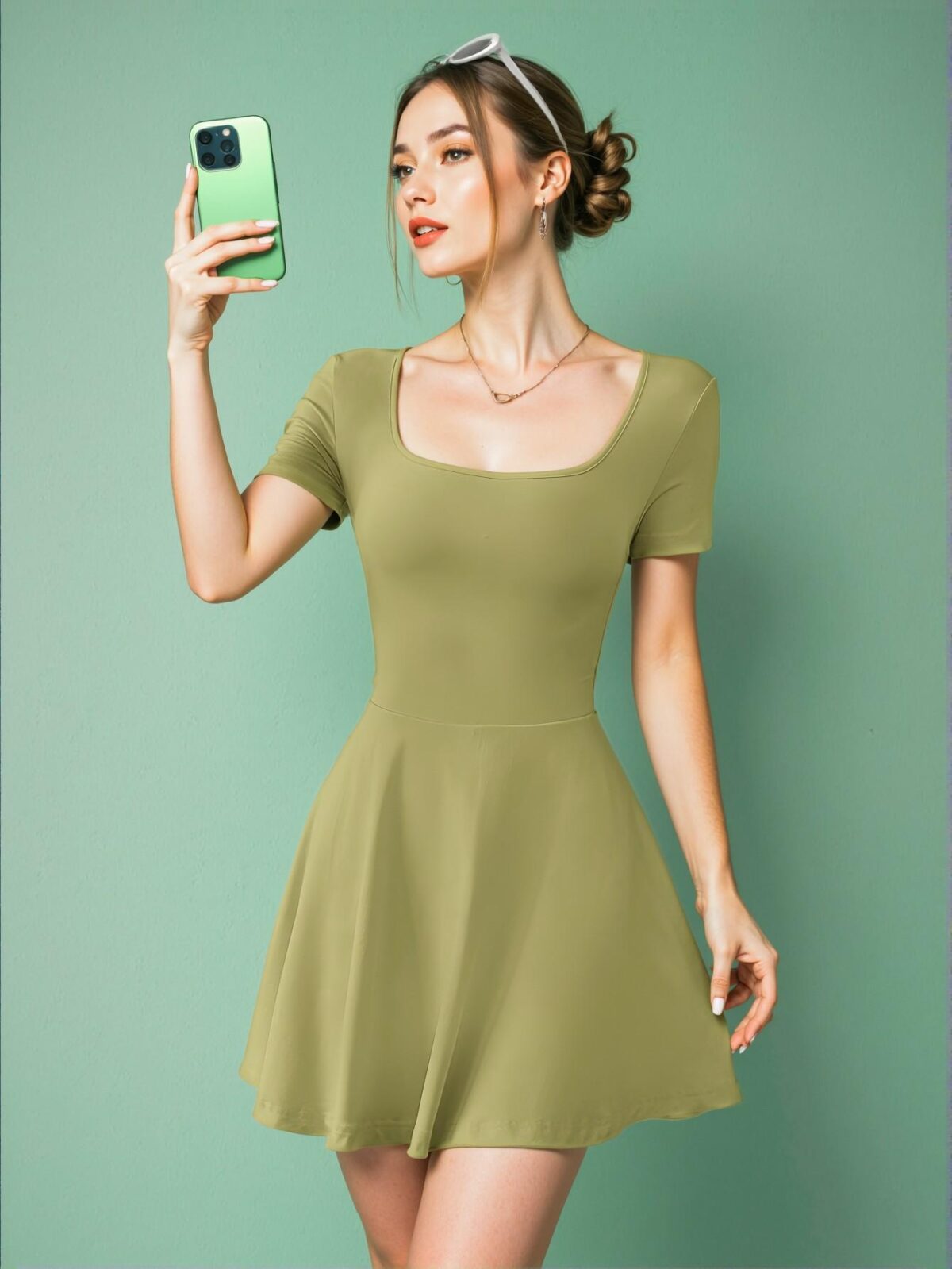 Elegant Olive Green Casual Knitted A-Line Mini Dress with Ruffle Hem for Women, Chic, Classy and Trendy Fashion Style to Dress to Impress - Image 3