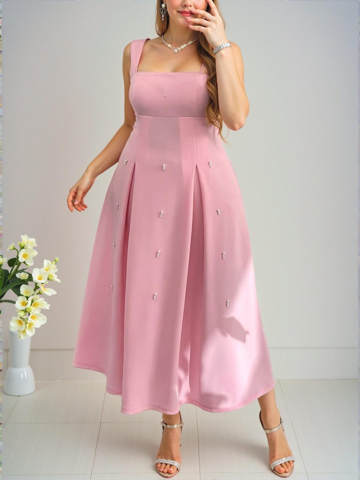 Elegant Pink Relaxed Plus Size Spring & Summer Maxi Dress with Pearl Beaded Details for Various Celebrations and Events - Chic, Classy and Trendy Fashion Style to Dress to Impress - Image 2