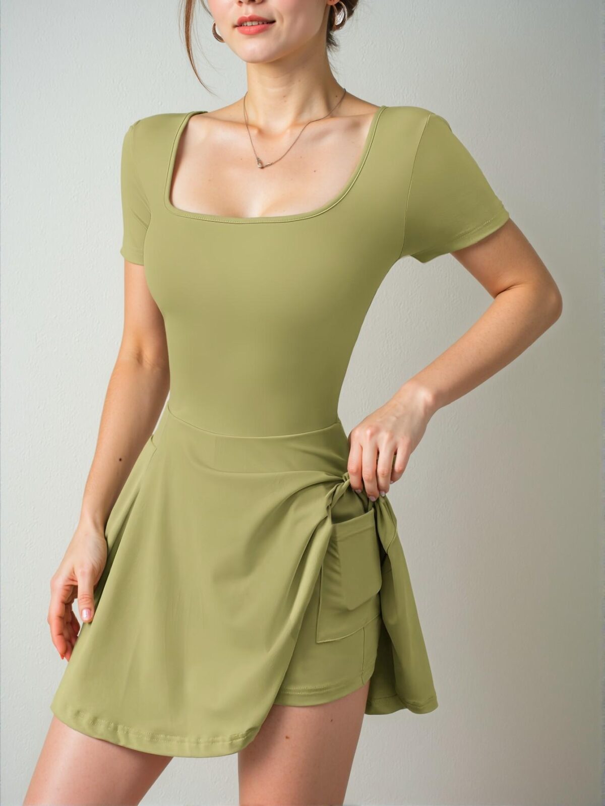 Elegant Olive Green Casual Knitted A-Line Mini Dress with Ruffle Hem for Women, Chic, Classy and Trendy Fashion Style to Dress to Impress - Image 4