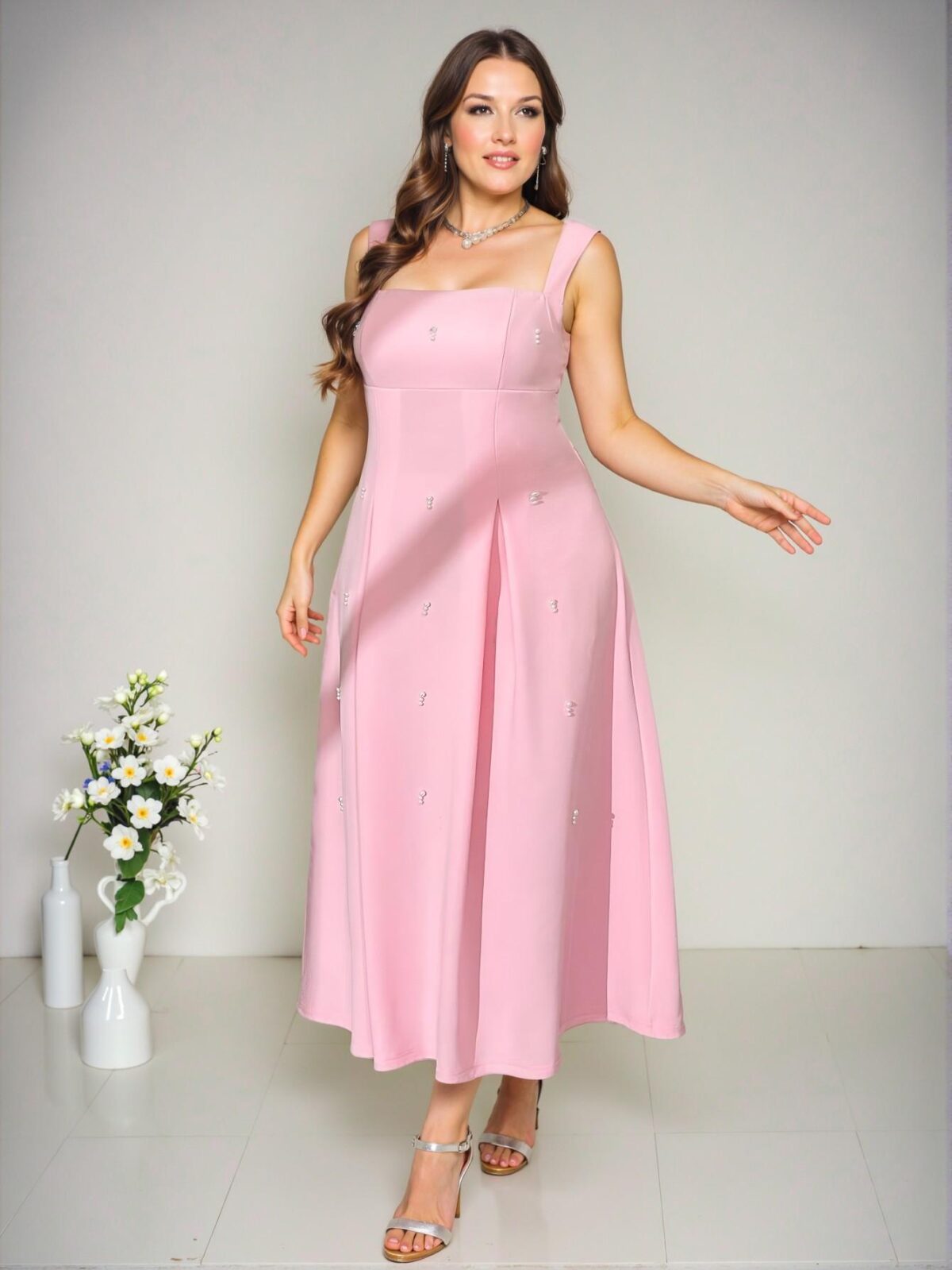 Elegant Pink Relaxed Plus Size Spring & Summer Maxi Dress with Pearl Beaded Details for Various Celebrations and Events - Chic, Classy and Trendy Fashion Style to Dress to Impress - Image 3