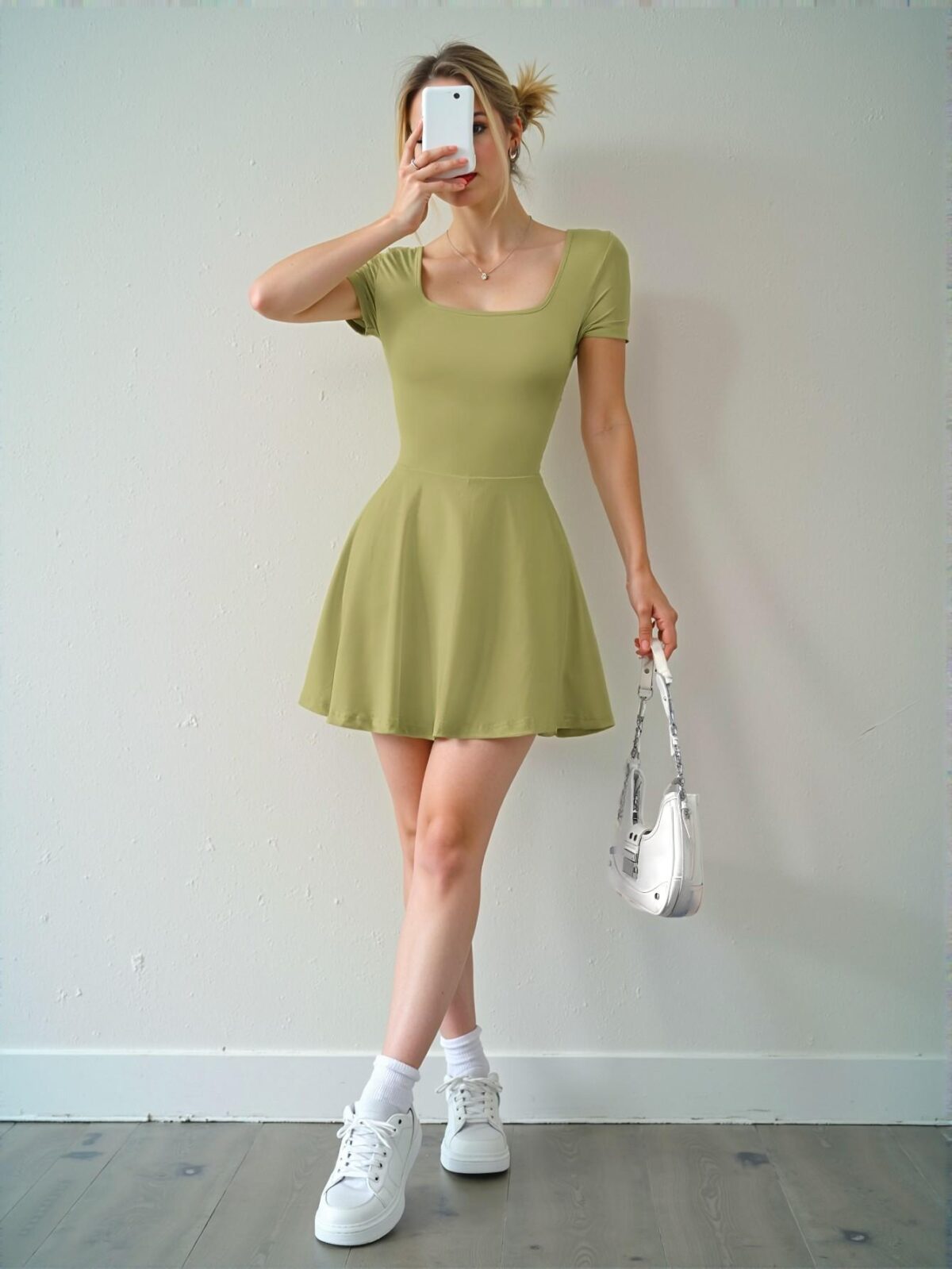 Elegant Olive Green Casual Knitted A-Line Mini Dress with Ruffle Hem for Women, Chic, Classy and Trendy Fashion Style to Dress to Impress - Image 5