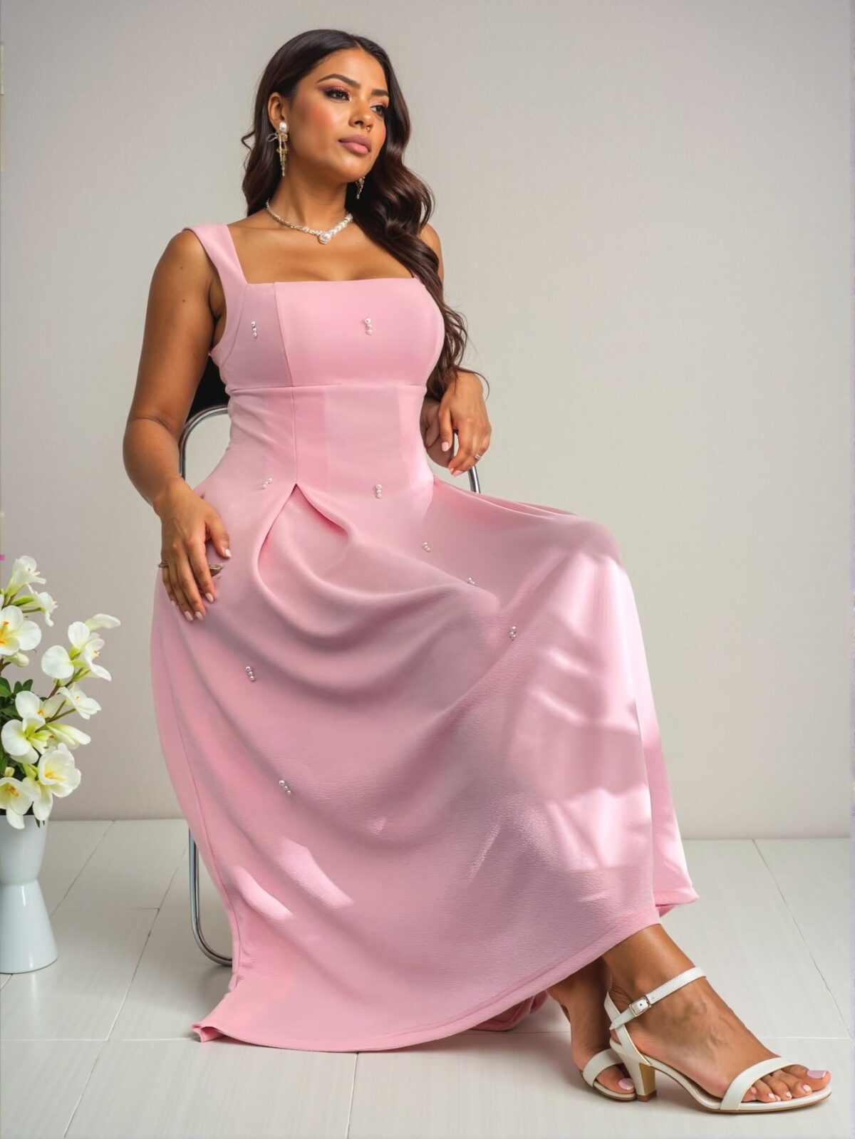 Elegant Pink Relaxed Plus Size Spring & Summer Maxi Dress with Pearl Beaded Details for Various Celebrations and Events - Chic, Classy and Trendy Fashion Style to Dress to Impress - Image 5