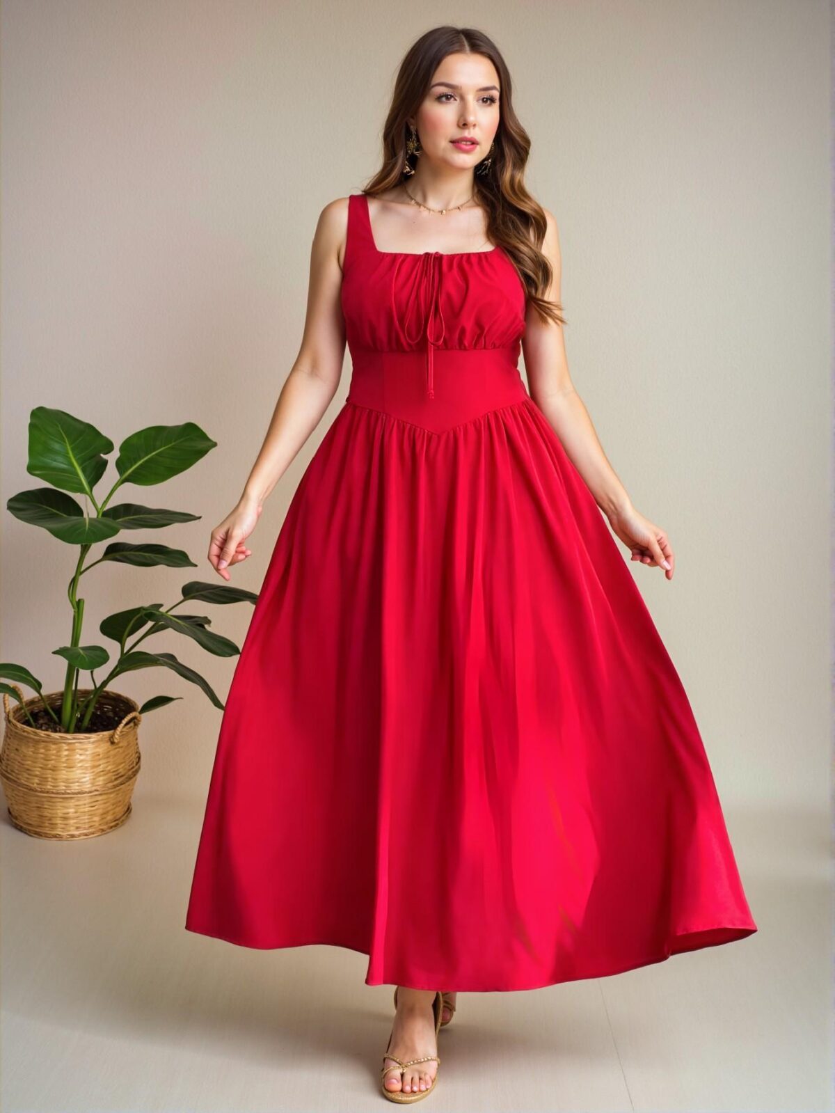 Elegant Red Flared A-Line Maxi Dress with Square Neckline and Backless Design for Spring and Summer: Chic, Classy and Trendy Fashion Style to Dress to Impress - Image 3