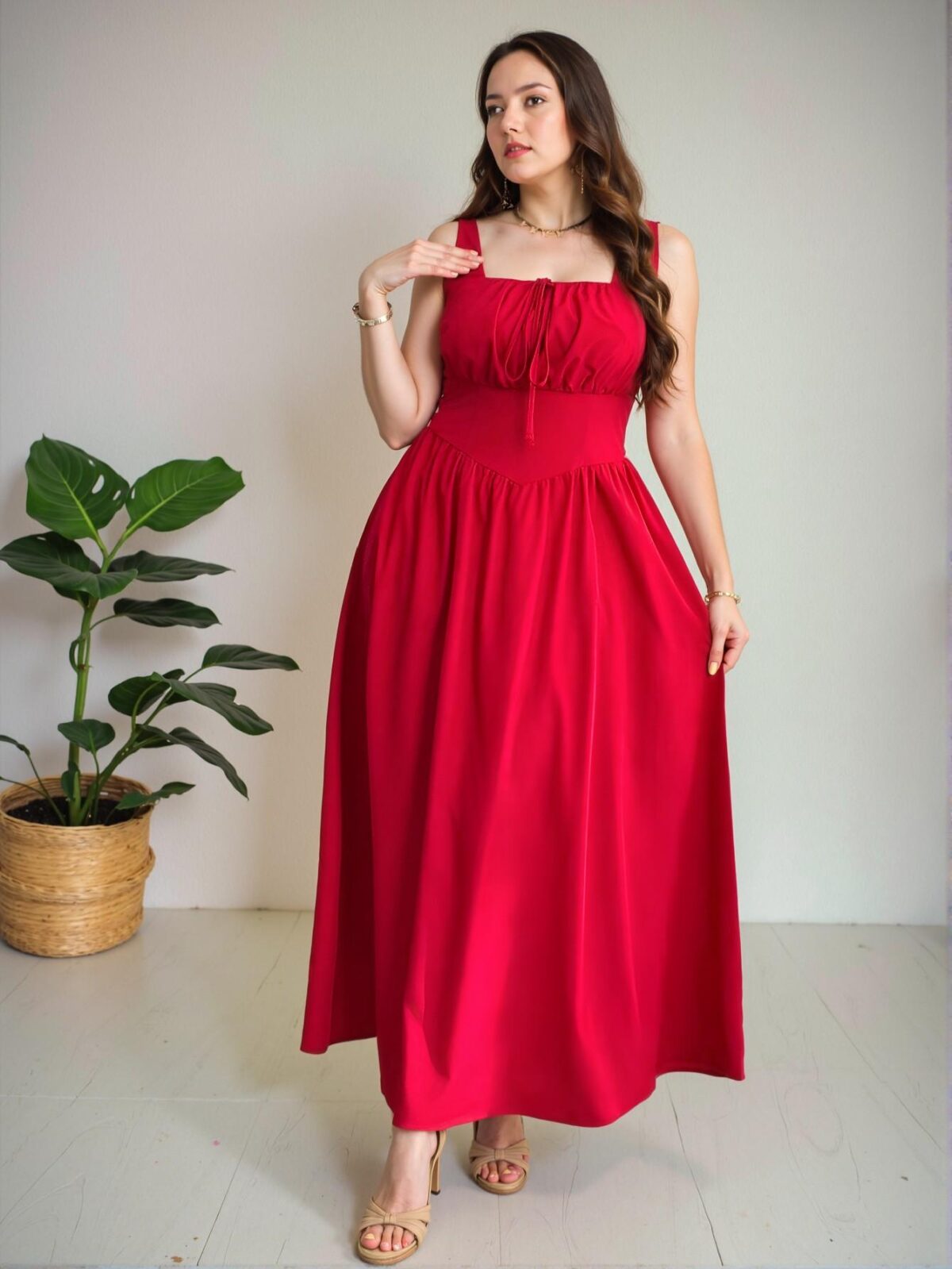 Elegant Red Flared A-Line Maxi Dress with Square Neckline and Backless Design for Spring and Summer: Chic, Classy and Trendy Fashion Style to Dress to Impress - Image 4
