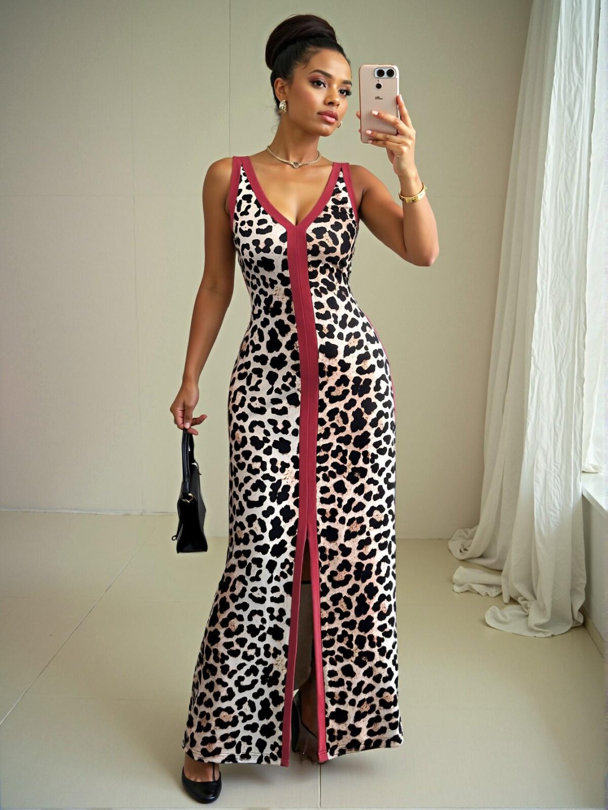 Elegant Multicolor Stylish Sleeveless V-Neck Fitted Leopard Print Dress with Front Slit for Spring and Summer Chic, Classy and Trendy Fashion Style to Dress to Impress