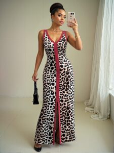 Elegant Multicolor Stylish Sleeveless V-Neck Fitted Leopard Print Dress with Front Slit for Spring and Summer Chic, Classy and Trendy Fashion Style to Dress to Impress