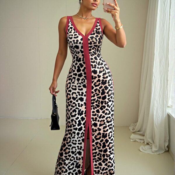 Elegant Multicolor Stylish Sleeveless V-Neck Fitted Leopard Print Dress with Front Slit for Spring and Summer Chic, Classy and Trendy Fashion Style to Dress to Impress