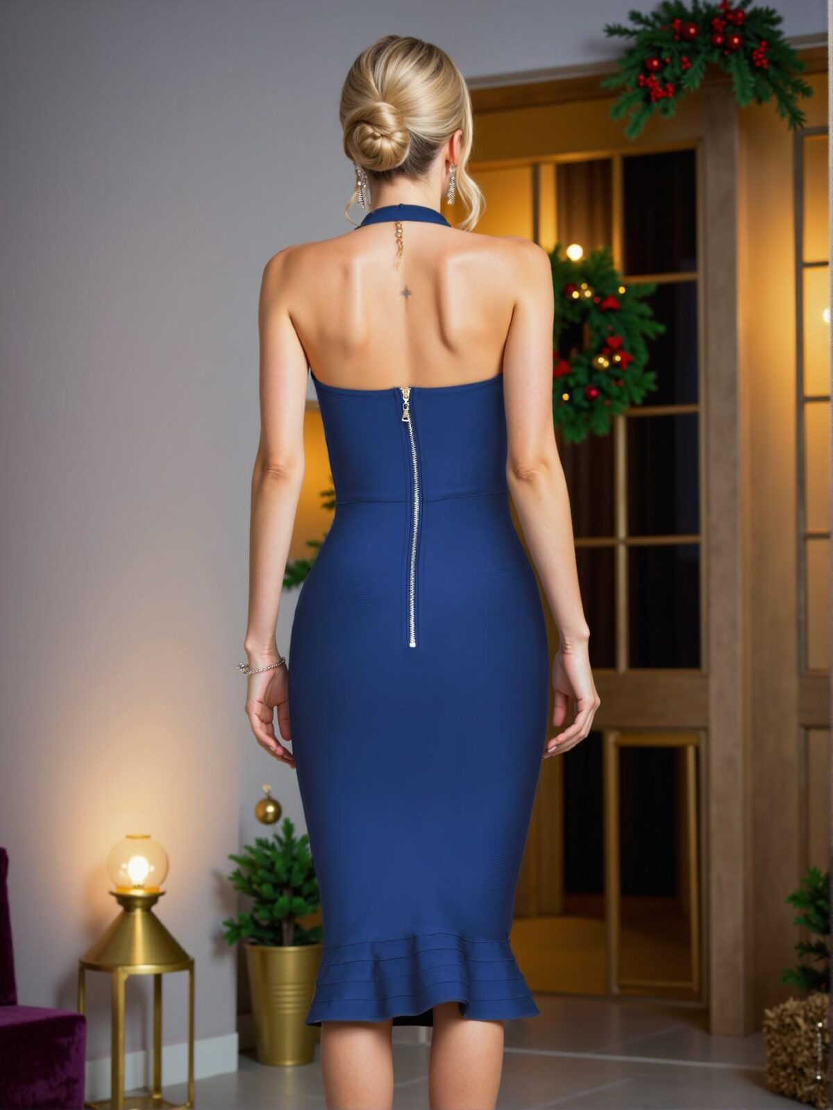 Elegant Navy Mermaid Halter Bandage Bodycon Dress, Perfect for party, prom, graduation day, and ceremony for university, college, and high school, Formal Evening Dinner Cocktail, Wedding Guest Gown, Chic, Classy and Trendy Fashion Style to Dress to Impress. - Image 2