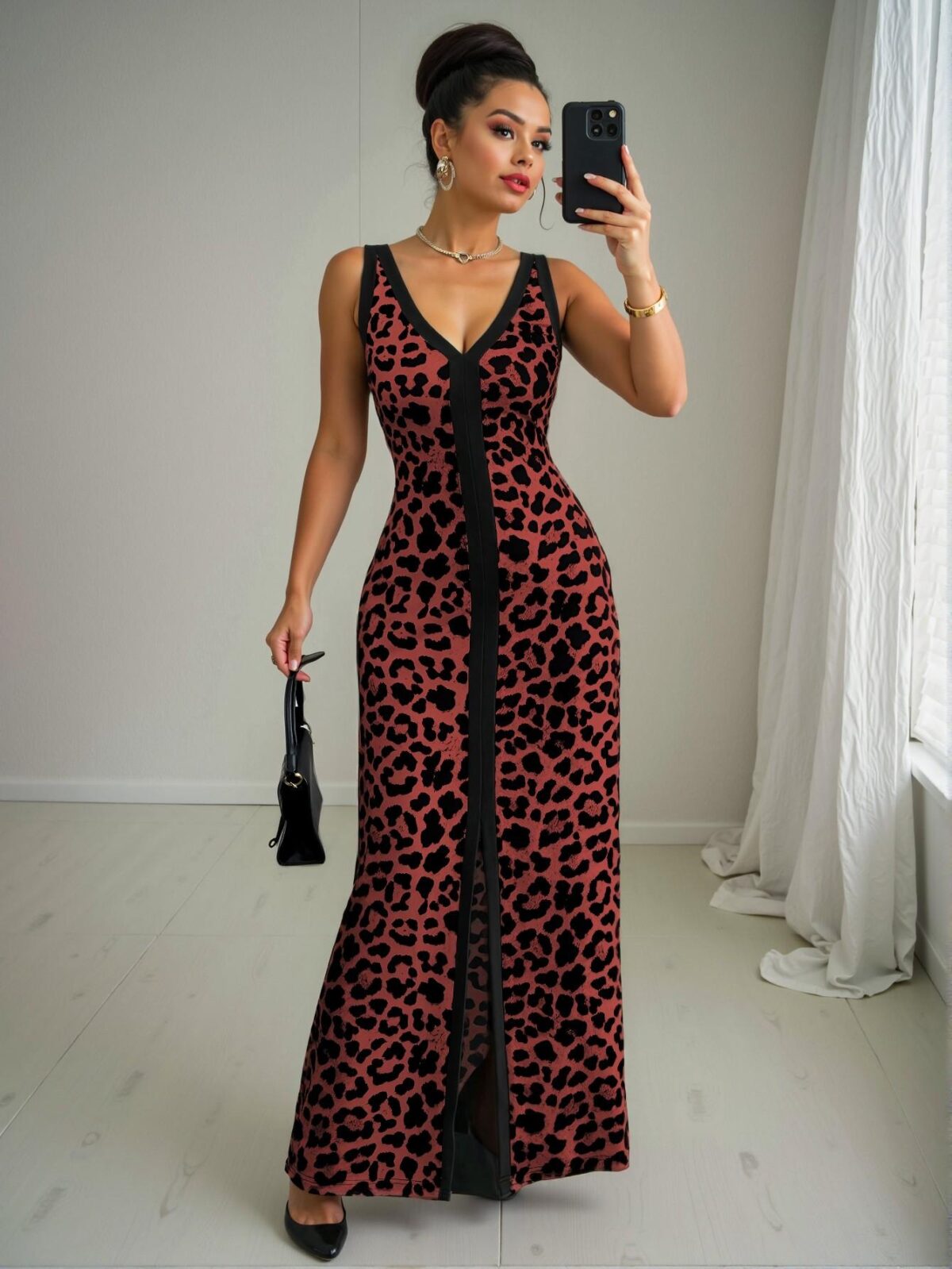 Elegant "Multicolor" "Stylish Leopard Print Sleeveless V-Neck Fitted Dress with Front Slit and Symmetrical Collar for Women for Spring and Summer" "Chic, Classy and Trendy Fashion Style to Dress to Impress"