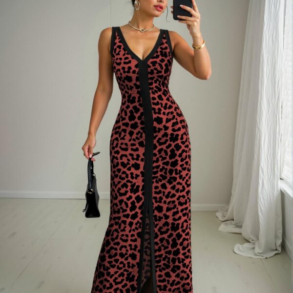 Elegant "Multicolor" "Stylish Leopard Print Sleeveless V-Neck Fitted Dress with Front Slit and Symmetrical Collar for Women for Spring and Summer" "Chic, Classy and Trendy Fashion Style to Dress to Impress"