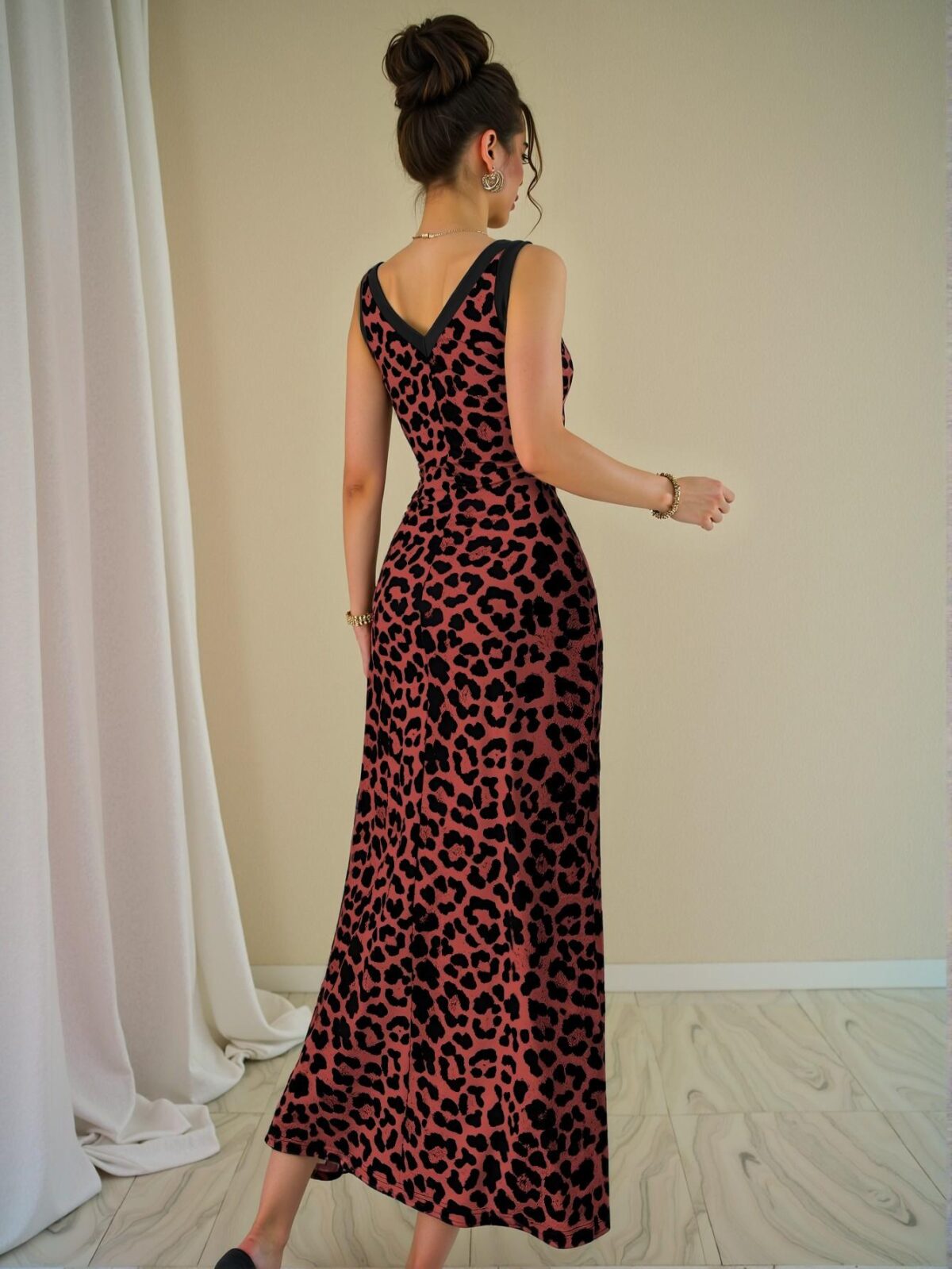 Elegant "Multicolor" "Stylish Leopard Print Sleeveless V-Neck Fitted Dress with Front Slit and Symmetrical Collar for Women for Spring and Summer" "Chic, Classy and Trendy Fashion Style to Dress to Impress" - Image 2