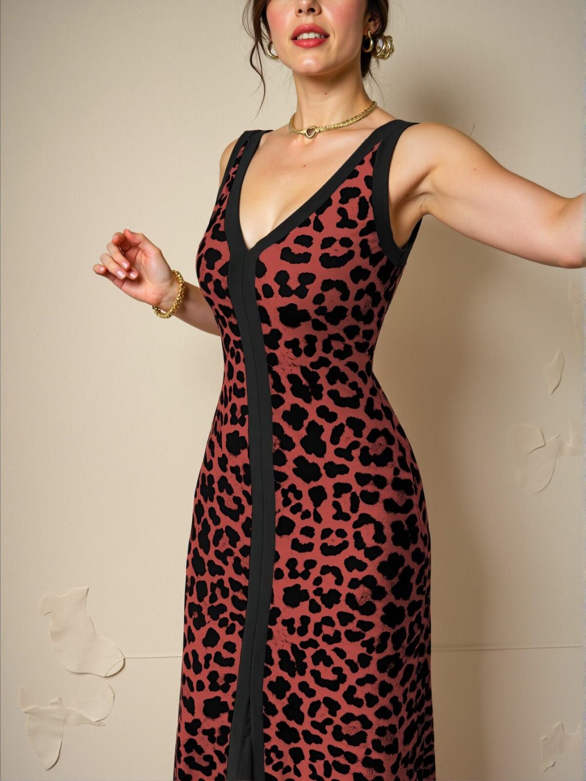 Elegant "Multicolor" "Stylish Leopard Print Sleeveless V-Neck Fitted Dress with Front Slit and Symmetrical Collar for Women for Spring and Summer" "Chic, Classy and Trendy Fashion Style to Dress to Impress" - Image 3