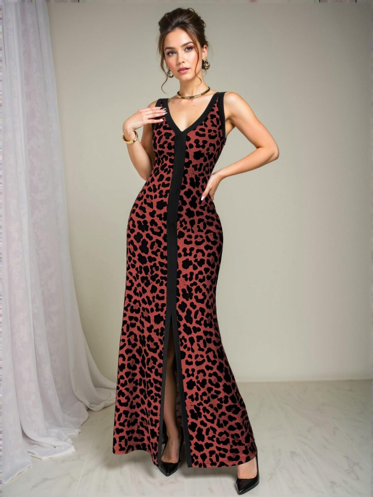 Elegant "Multicolor" "Stylish Leopard Print Sleeveless V-Neck Fitted Dress with Front Slit and Symmetrical Collar for Women for Spring and Summer" "Chic, Classy and Trendy Fashion Style to Dress to Impress" - Image 4