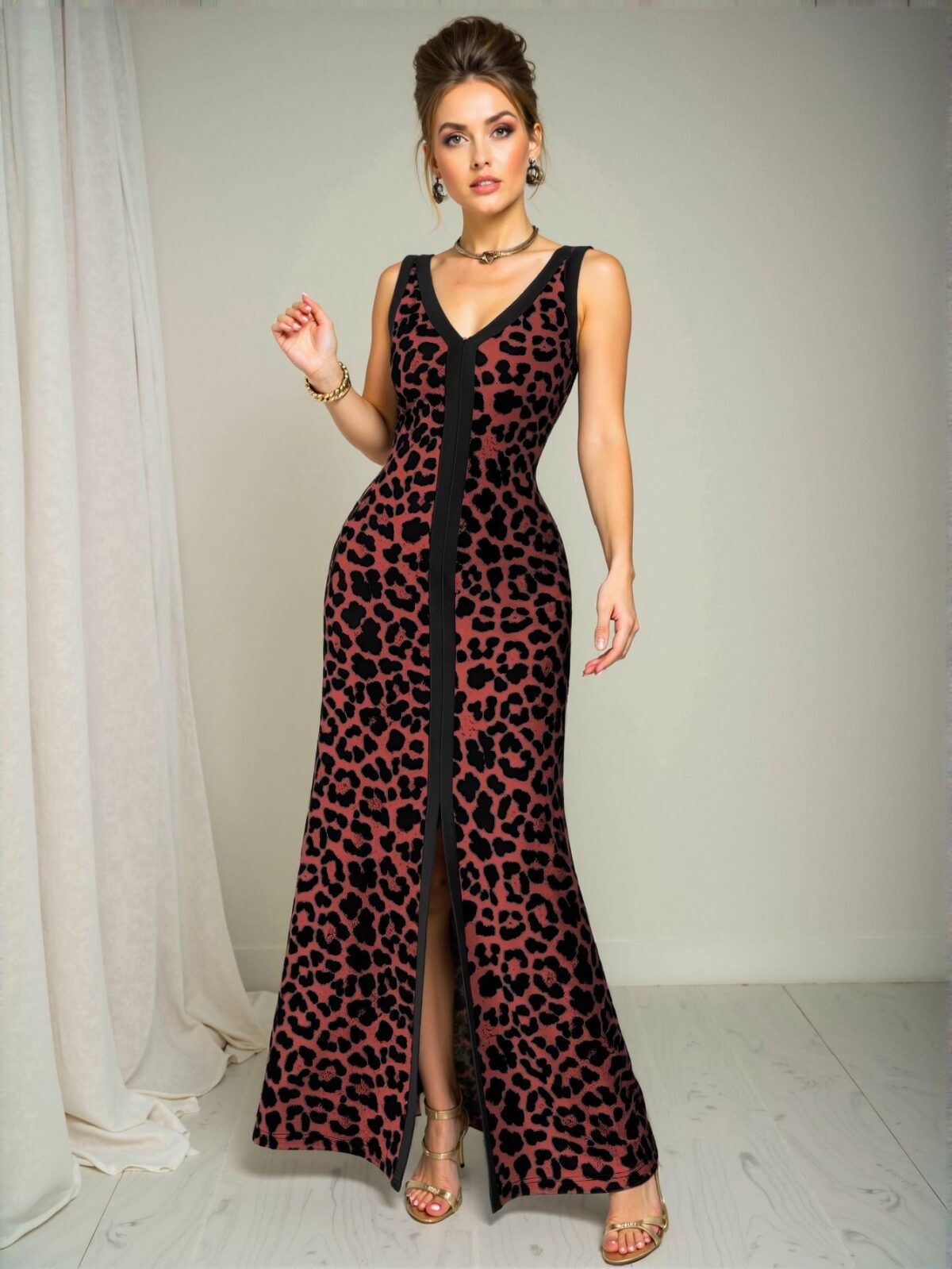 Elegant "Multicolor" "Stylish Leopard Print Sleeveless V-Neck Fitted Dress with Front Slit and Symmetrical Collar for Women for Spring and Summer" "Chic, Classy and Trendy Fashion Style to Dress to Impress" - Image 5