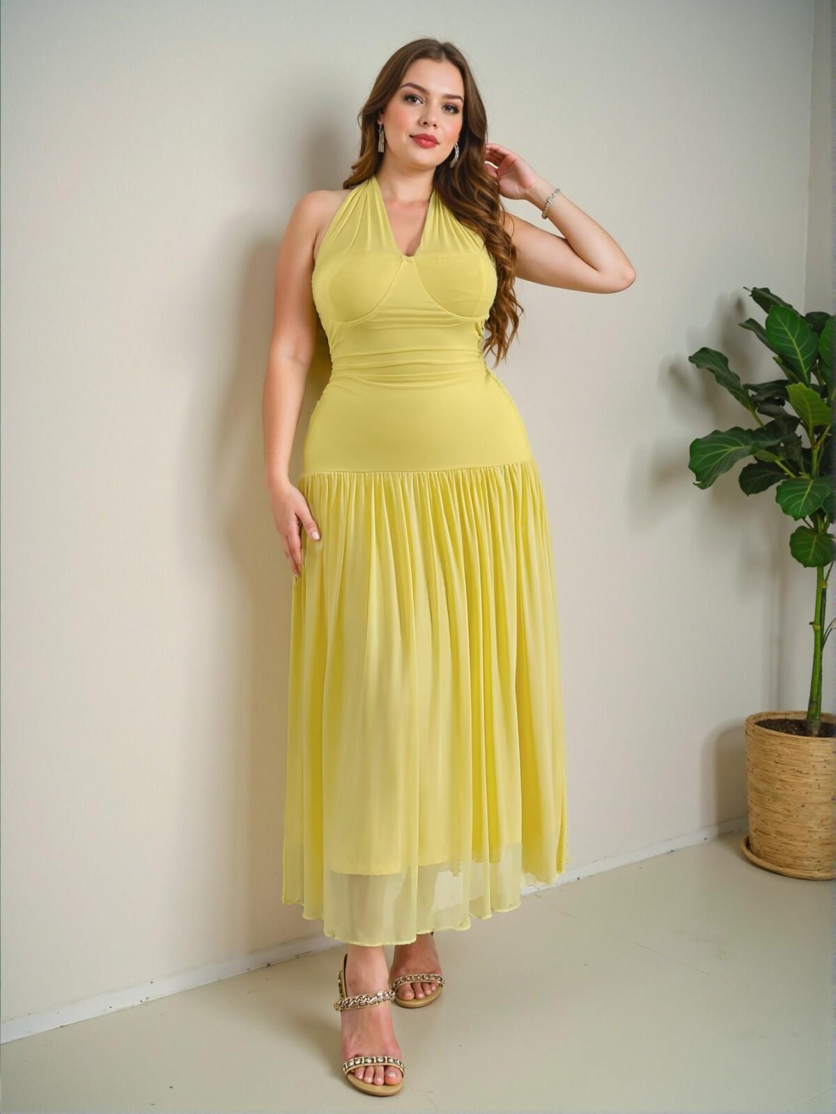 Elegant Yellow Flared A-Line Mesh Dress for Romantic Weddings, Garden Parties, and Beach Vacations "Chic, Classy and Trendy Fashion Style to Dress to Impress" - Image 5