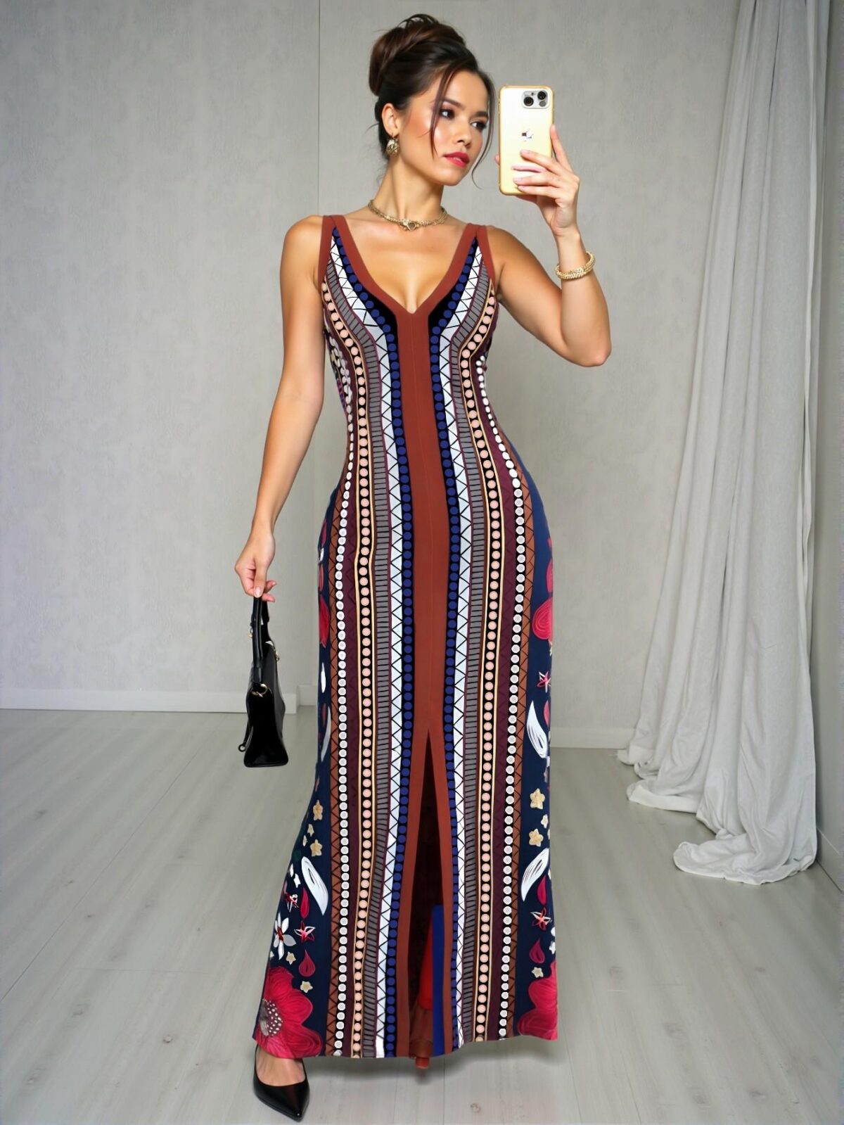 Elegant Multicolor Stylish V-Neck Sleeveless Fitted & Flared Dress for Women Perfect for Spring and Summer Chic, Classy and Trendy Fashion Style to Dress to Impress