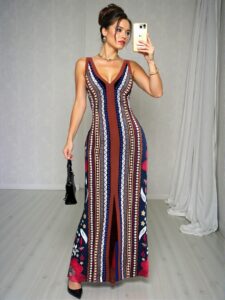 Elegant Multicolor Stylish V-Neck Sleeveless Fitted & Flared Dress for Women Perfect for Spring and Summer Chic, Classy and Trendy Fashion Style to Dress to Impress