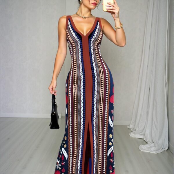 Elegant Multicolor Stylish V-Neck Sleeveless Fitted & Flared Dress for Women Perfect for Spring and Summer Chic, Classy and Trendy Fashion Style to Dress to Impress