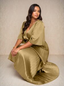 Elegant Gold A-Line Long Dress with Romantic V-Neck, Waist-Gathered and Ruffle Sleeves for Holiday, Birthday, Formal Events, and Concerts in Spring and Summer - Chic, Classy and Trendy Fashion Style to Dress to Impress