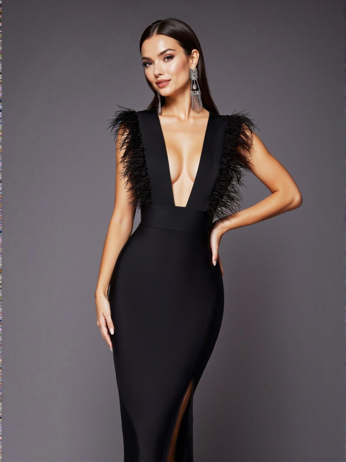 Elegant Black Fitted Bodycon Evening Dress with Feather Details for Formal Events, Perfect for party, prom, graduation day, and ceremony for university, college, and high school, Formal Evening Dinner Cocktail, Wedding Guest Gown, Chic, Classy and Trendy Fashion Style to Dress to Impress - Image 5