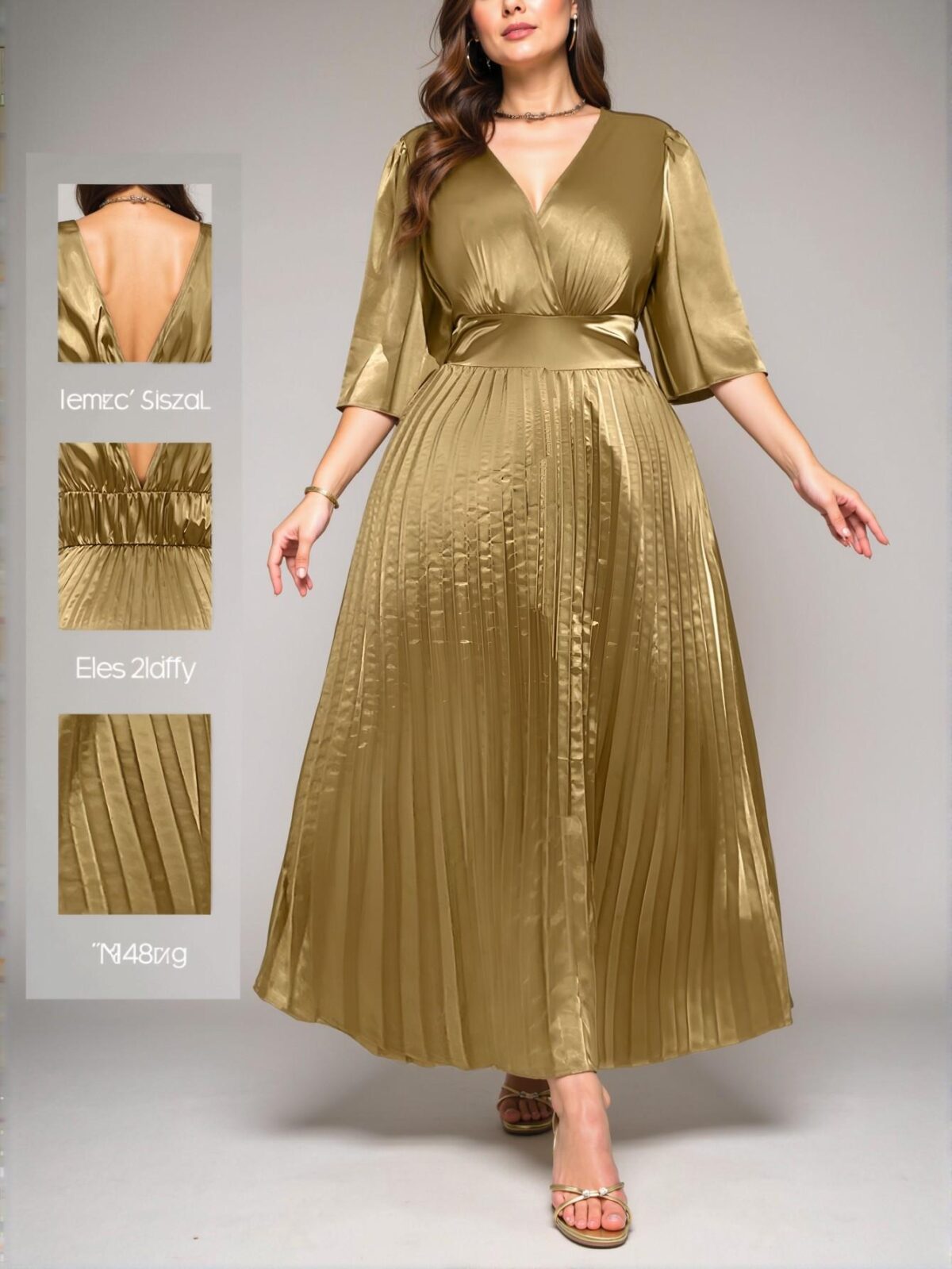 Elegant Gold A-Line Long Dress with Romantic V-Neck, Waist-Gathered and Ruffle Sleeves for Holiday, Birthday, Formal Events, and Concerts in Spring and Summer - Chic, Classy and Trendy Fashion Style to Dress to Impress - Image 2