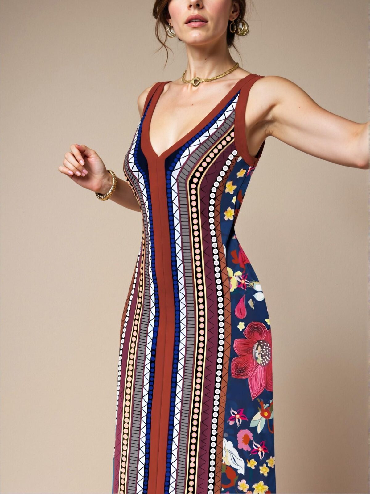 Elegant Multicolor Stylish V-Neck Sleeveless Fitted & Flared Dress for Women Perfect for Spring and Summer Chic, Classy and Trendy Fashion Style to Dress to Impress - Image 3