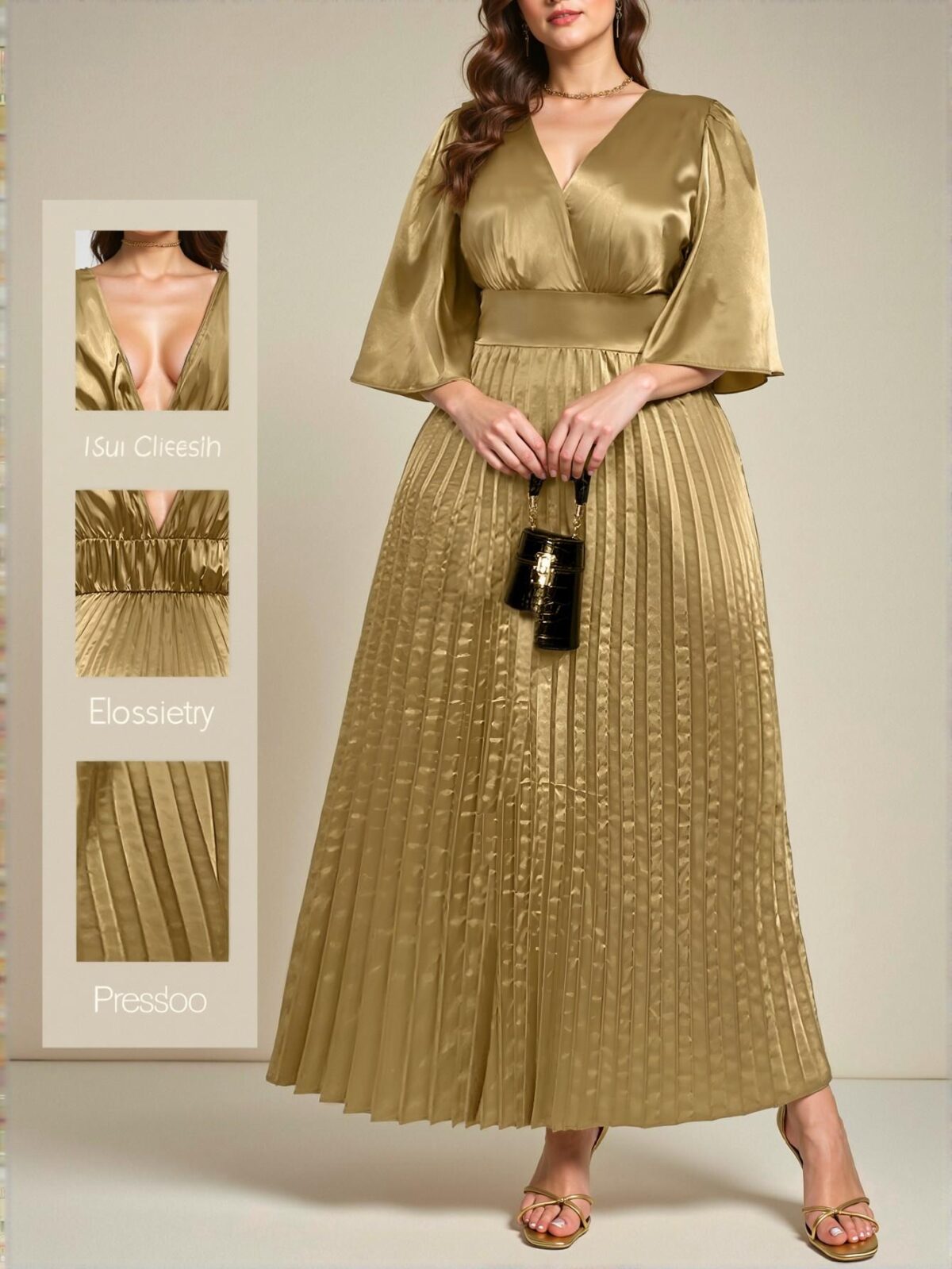 Elegant Gold A-Line Long Dress with Romantic V-Neck, Waist-Gathered and Ruffle Sleeves for Holiday, Birthday, Formal Events, and Concerts in Spring and Summer - Chic, Classy and Trendy Fashion Style to Dress to Impress - Image 3