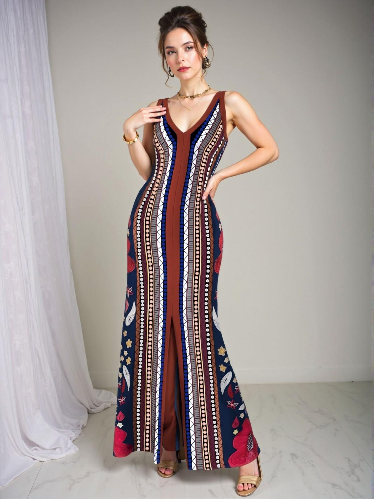 Elegant Multicolor Stylish V-Neck Sleeveless Fitted & Flared Dress for Women Perfect for Spring and Summer Chic, Classy and Trendy Fashion Style to Dress to Impress - Image 5