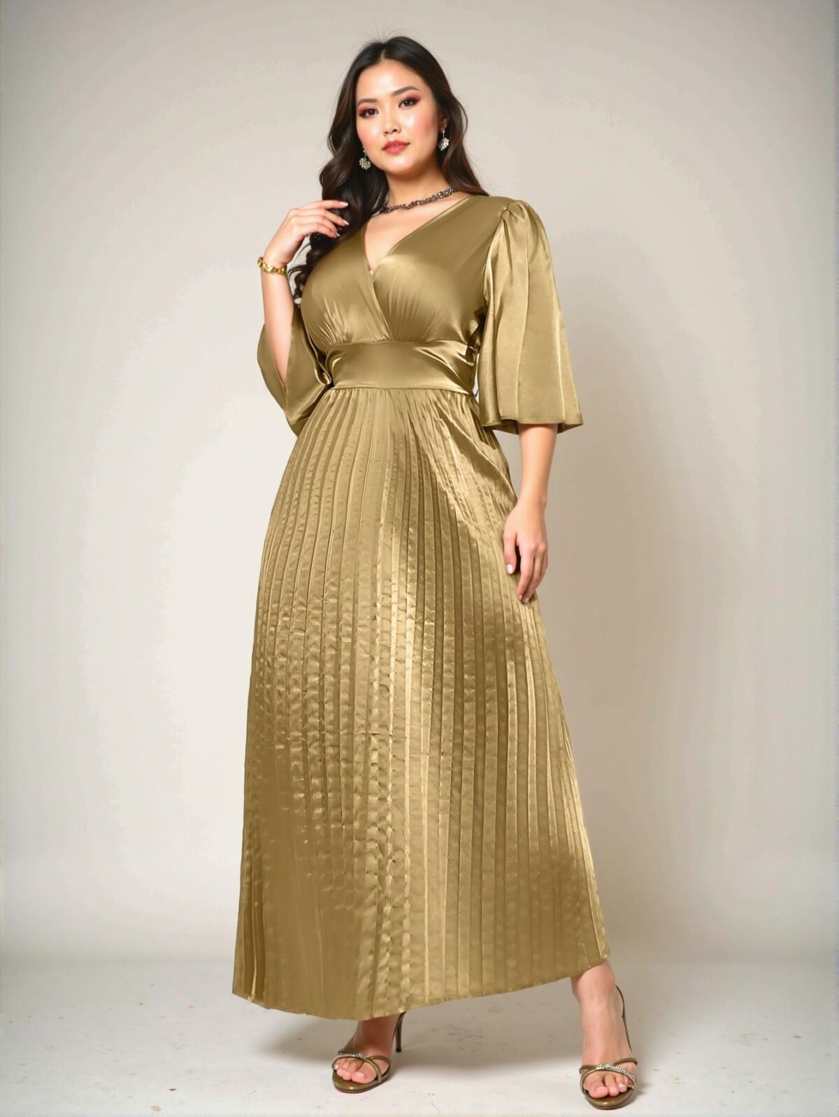 Elegant Gold A-Line Long Dress with Romantic V-Neck, Waist-Gathered and Ruffle Sleeves for Holiday, Birthday, Formal Events, and Concerts in Spring and Summer - Chic, Classy and Trendy Fashion Style to Dress to Impress - Image 5