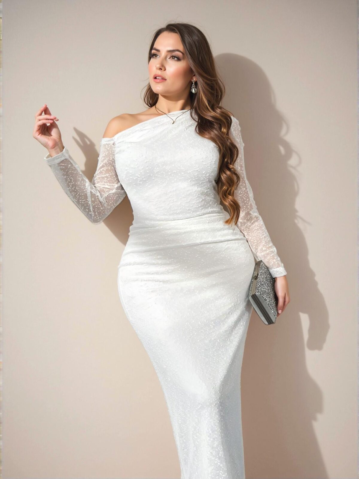 Elegant White Bodycon Dress with Asymmetrical Neckline and Long Sleeves for Various Occasions - Chic, Classy and Trendy Fashion Style to Dress to Impress - Image 4
