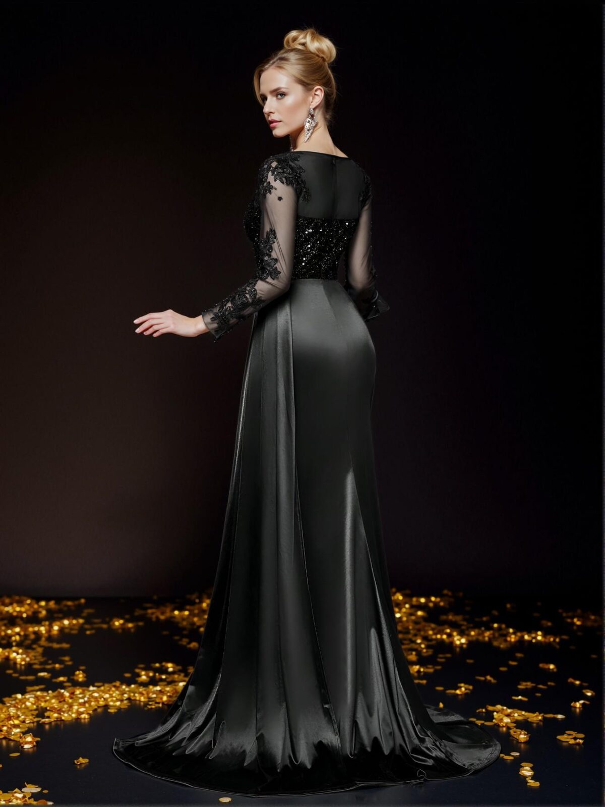 Elegant Black Luxurious V-Neck Long Sleeve Dress with Lace Applique, Sequin Embroidery, and Iridescent Ruched Panels, Featuring Fish Bone Decor and Split Fishtail Design, Ideal for Weddings, Parties, Proms, and Formal Events. Perfect for party, prom, graduation day, and ceremony for university, college, and high school, Formal Evening Dinner Cocktail, Wedding Guest Gown, Chic, Classy and Trendy Fashion Style to Dress to Impress. - Image 4