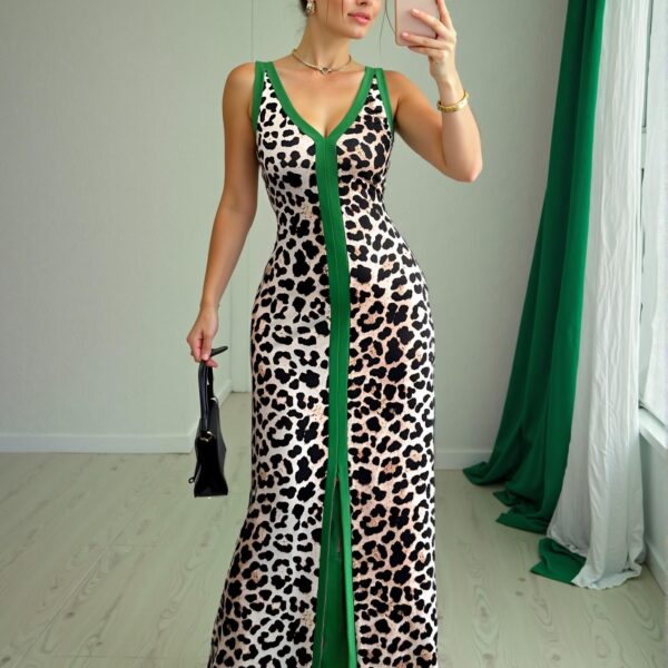 Stylish Multicolor Sleek Leopard Print Front Slit Sleeveless V-Neck Bodycon Dress for Spring and Summer - Chic, Classy and Trendy Fashion Style to Dress to Impress