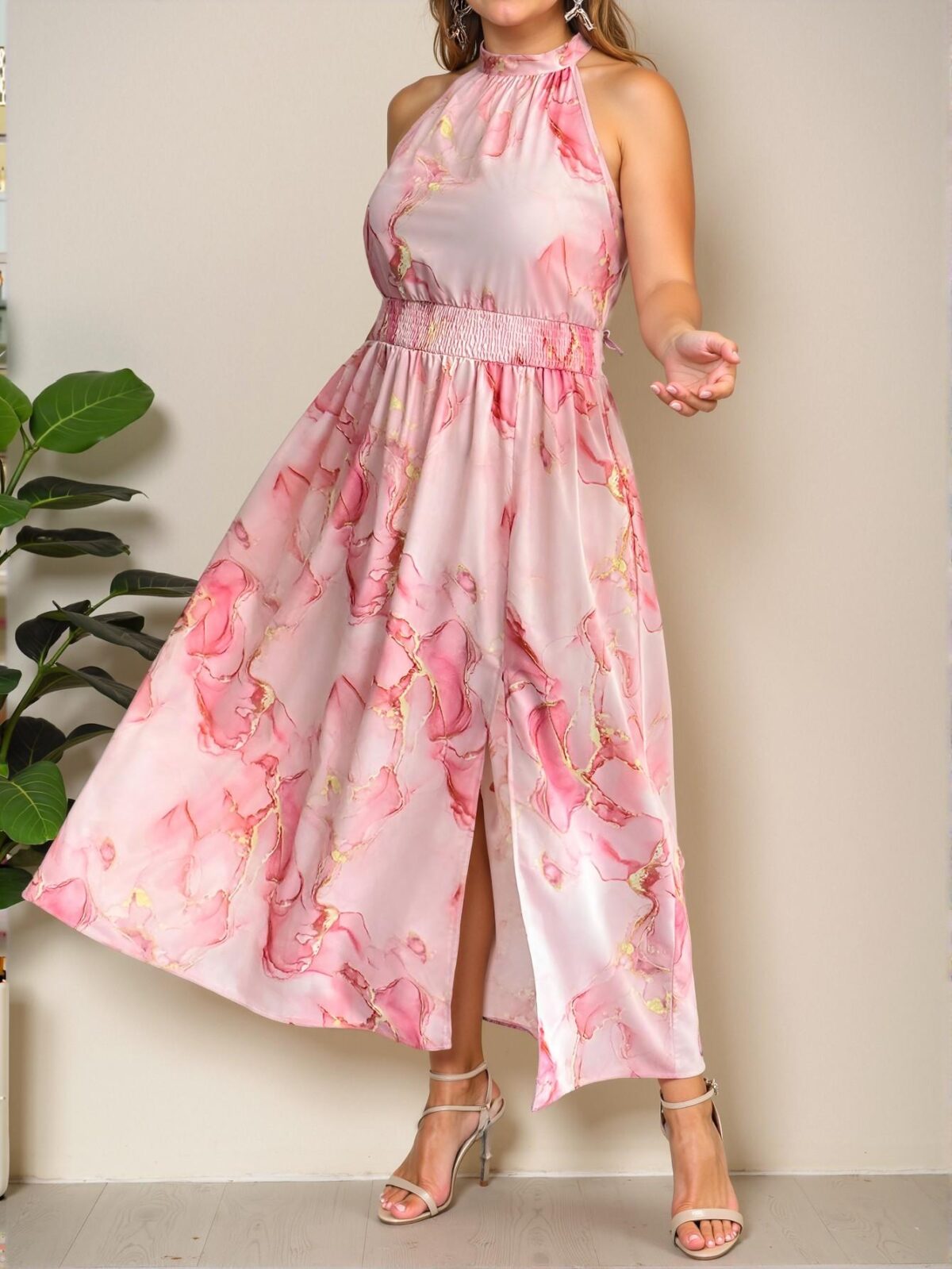 Elegant Pink Boho High Slit Halter Dress with Gathered Waist and Flounce Hem for Spring and Summer Beach Play – Chic, Classy, and Trendy Fashion Style to Dress to Impress