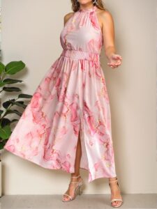 Elegant Pink Boho High Slit Halter Dress with Gathered Waist and Flounce Hem for Spring and Summer Beach Play – Chic, Classy, and Trendy Fashion Style to Dress to Impress