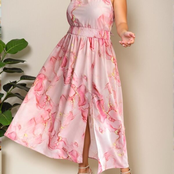 Elegant Pink Boho High Slit Halter Dress with Gathered Waist and Flounce Hem for Spring and Summer Beach Play – Chic, Classy, and Trendy Fashion Style to Dress to Impress