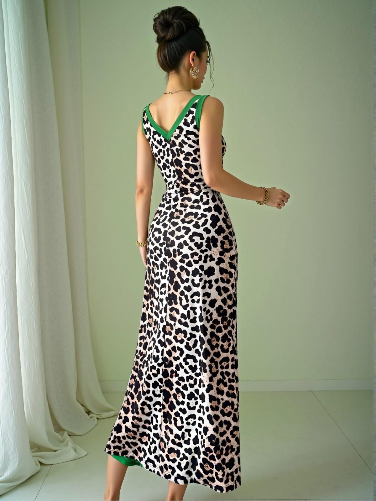Stylish Multicolor Sleek Leopard Print Front Slit Sleeveless V-Neck Bodycon Dress for Spring and Summer - Chic, Classy and Trendy Fashion Style to Dress to Impress - Image 2