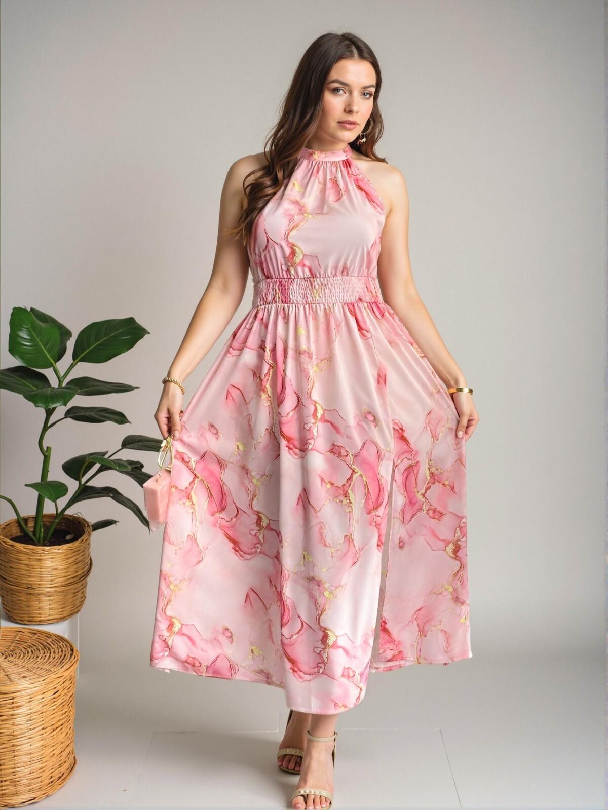 Elegant Pink Boho High Slit Halter Dress with Gathered Waist and Flounce Hem for Spring and Summer Beach Play – Chic, Classy, and Trendy Fashion Style to Dress to Impress - Image 2