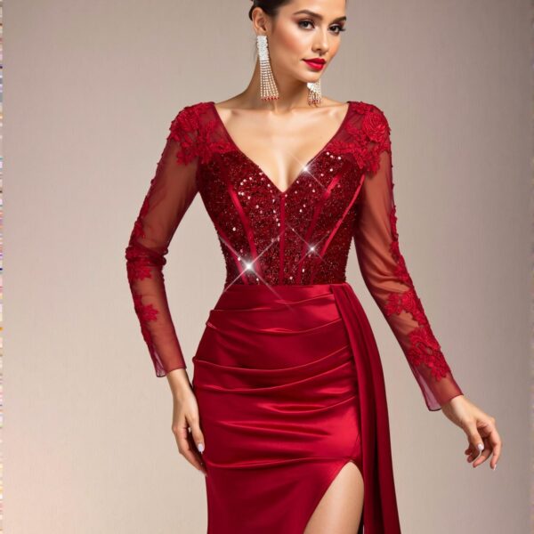 Elegant Burgundy Luxe V-Neck Sheer Long Sleeve Lace Sequined Mermaid Hem Satin Ruched Maxi Dress with Flowing Side Panels, Perfect for Weddings, Parties, Galas, and Formal Events. Perfect for party, prom, graduation day, and ceremony for university, college, and high school, Formal Evening Dinner Cocktail, Wedding Guest Gown, Chic, Classy and Trendy Fashion Style to Dress to Impress.