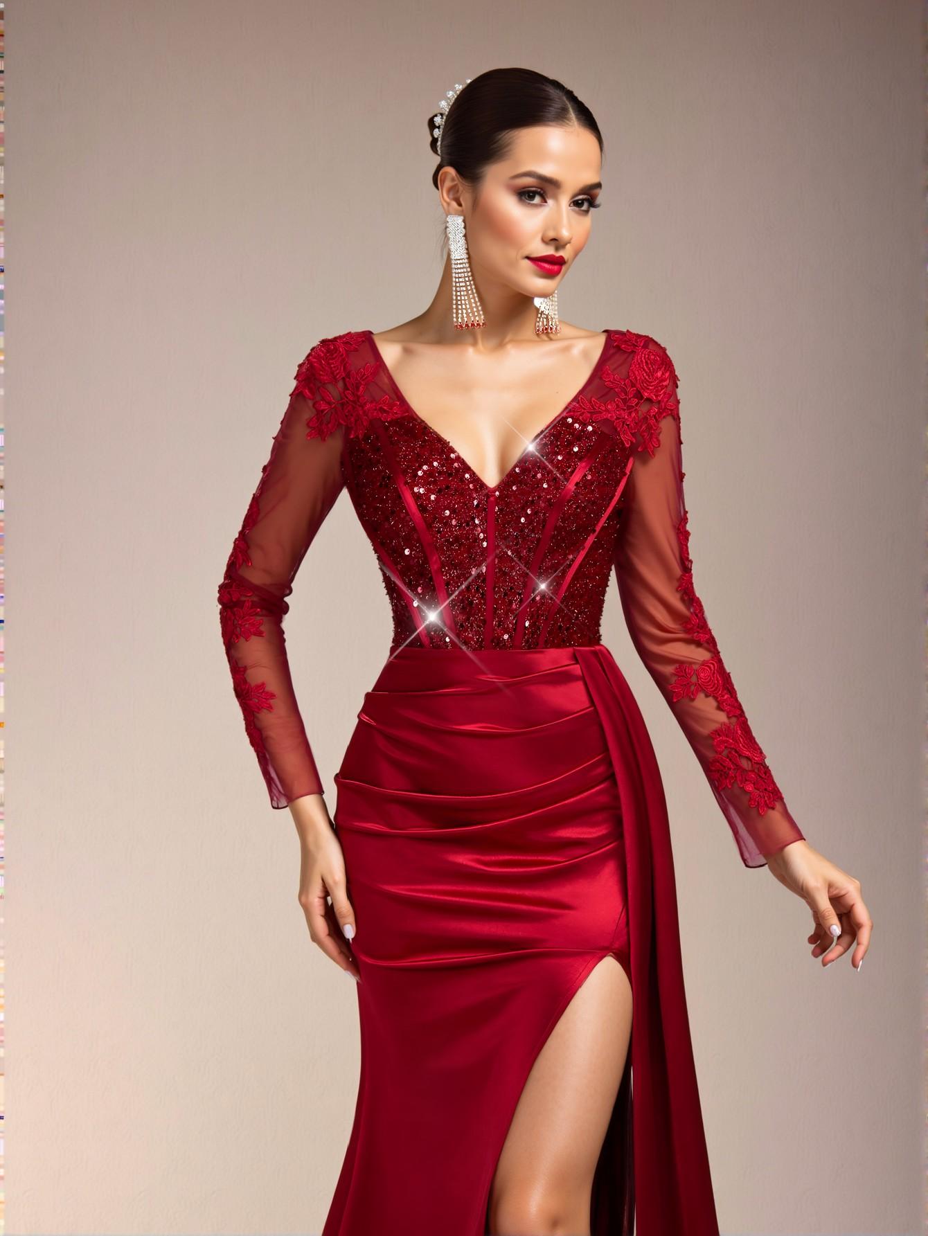 Elegant Burgundy Luxe V-Neck Sheer Long Sleeve Lace Sequined Mermaid Hem Satin Ruched Maxi Dress with Flowing Side Panels, Perfect for Weddings, Parties, Galas, and Formal Events. Perfect for party, prom, graduation day, and ceremony for university, college, and high school, Formal Evening Dinner Cocktail, Wedding Guest Gown, Chic, Classy and Trendy Fashion Style to Dress to Impress.