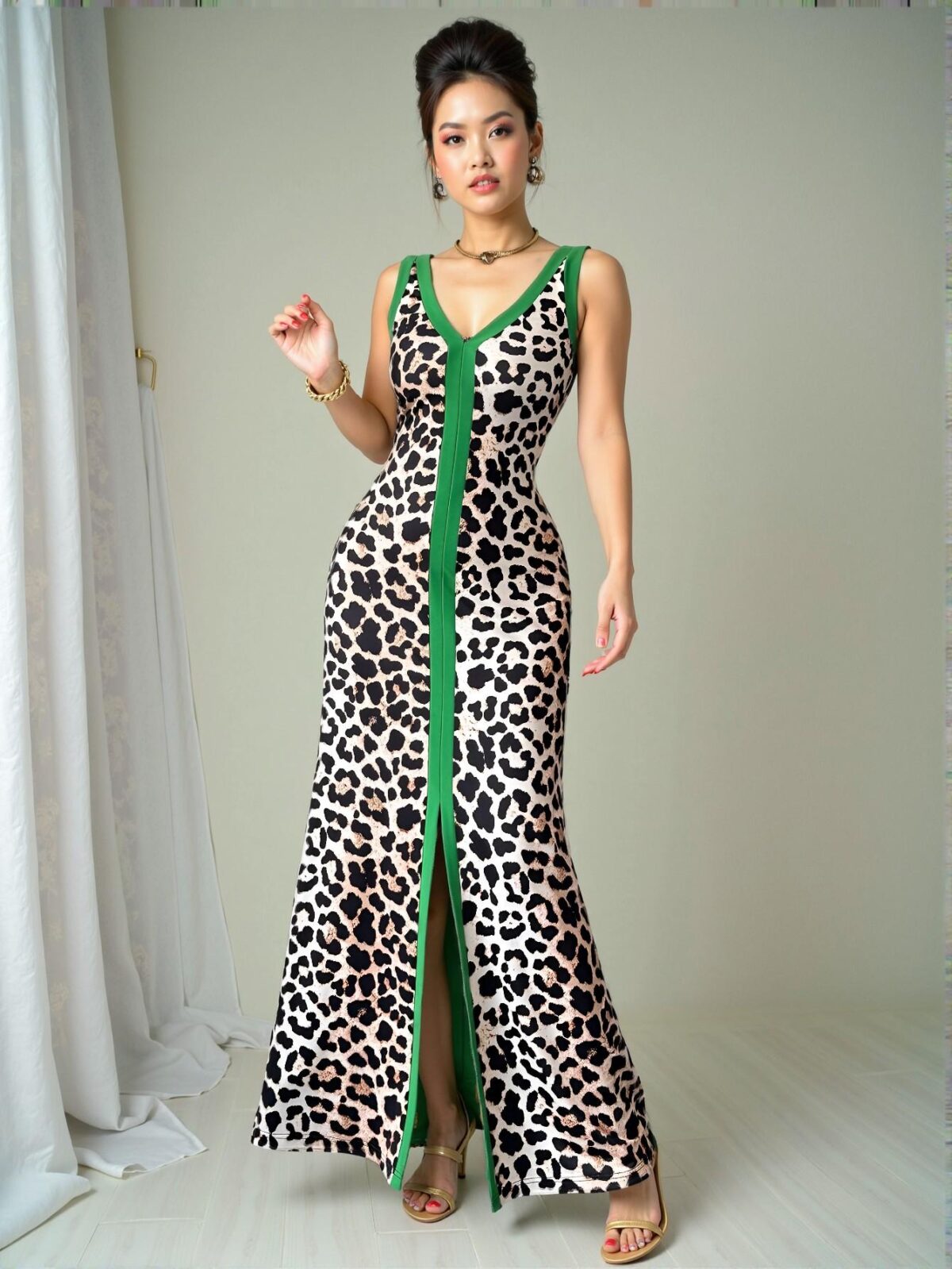 Stylish Multicolor Sleek Leopard Print Front Slit Sleeveless V-Neck Bodycon Dress for Spring and Summer - Chic, Classy and Trendy Fashion Style to Dress to Impress - Image 4