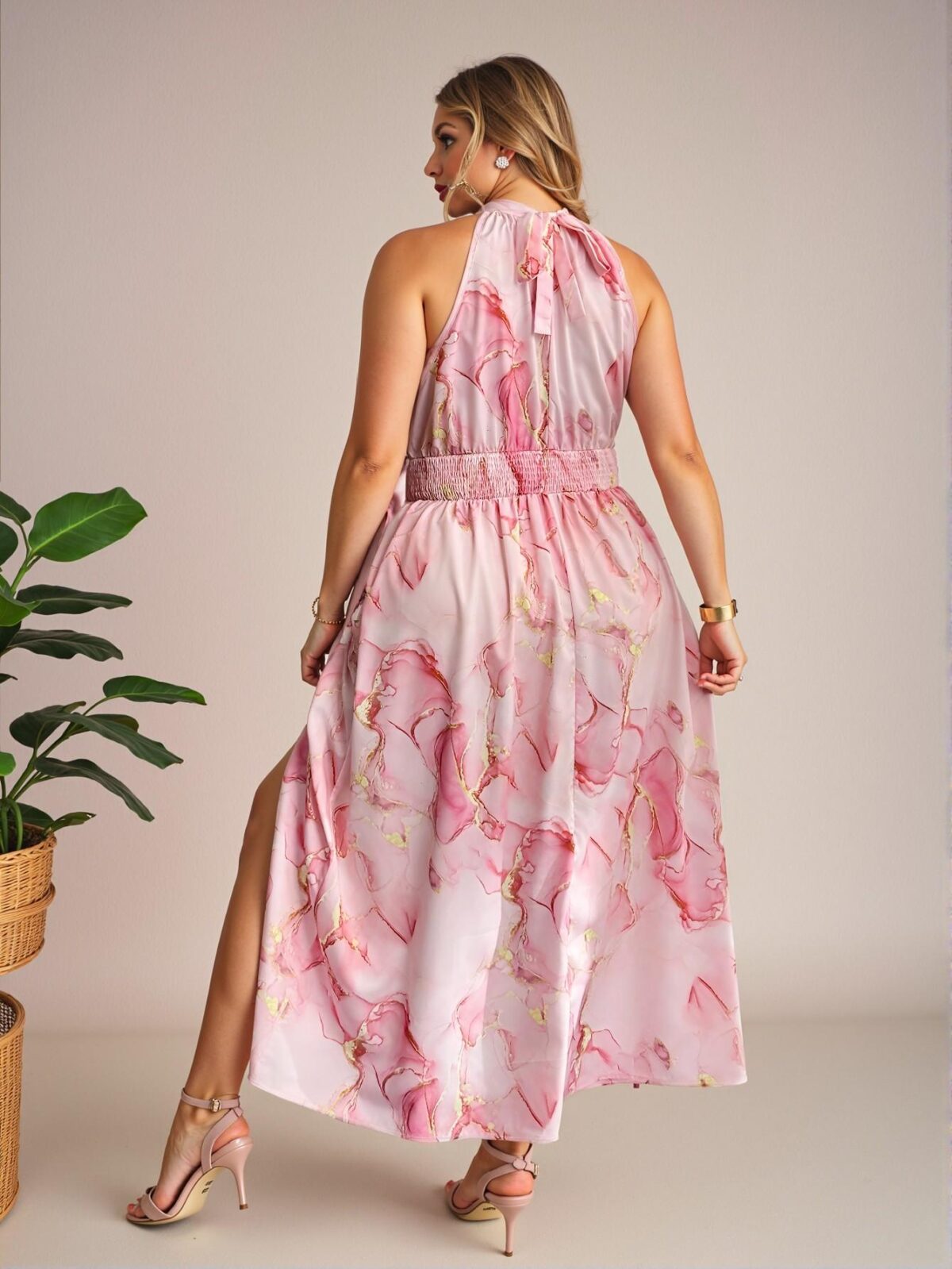 Elegant Pink Boho High Slit Halter Dress with Gathered Waist and Flounce Hem for Spring and Summer Beach Play – Chic, Classy, and Trendy Fashion Style to Dress to Impress - Image 3