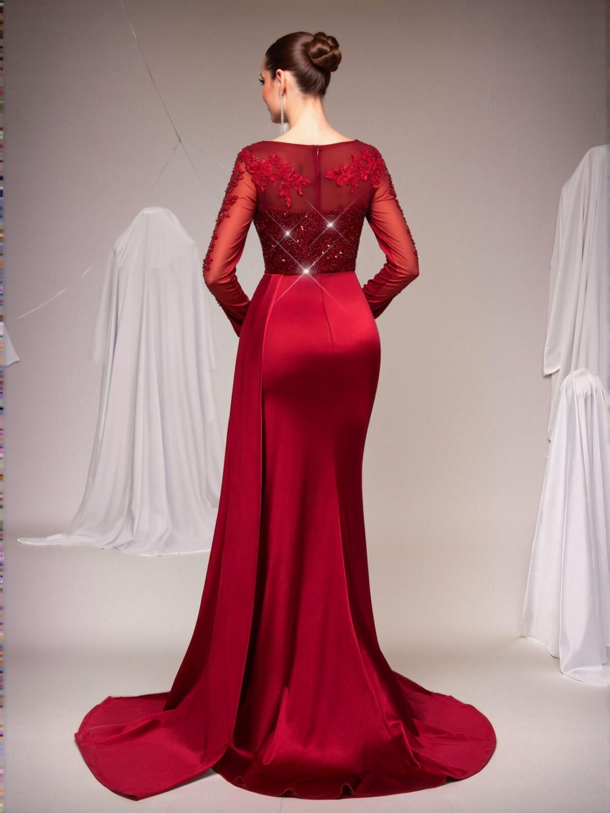 Elegant Burgundy Luxe V-Neck Sheer Long Sleeve Lace Sequined Mermaid Hem Satin Ruched Maxi Dress with Flowing Side Panels, Perfect for Weddings, Parties, Galas, and Formal Events. Perfect for party, prom, graduation day, and ceremony for university, college, and high school, Formal Evening Dinner Cocktail, Wedding Guest Gown, Chic, Classy and Trendy Fashion Style to Dress to Impress. - Image 3