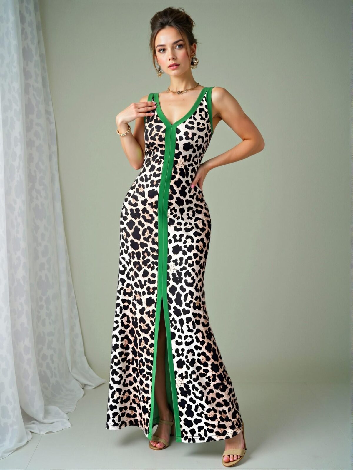 Stylish Multicolor Sleek Leopard Print Front Slit Sleeveless V-Neck Bodycon Dress for Spring and Summer - Chic, Classy and Trendy Fashion Style to Dress to Impress - Image 5