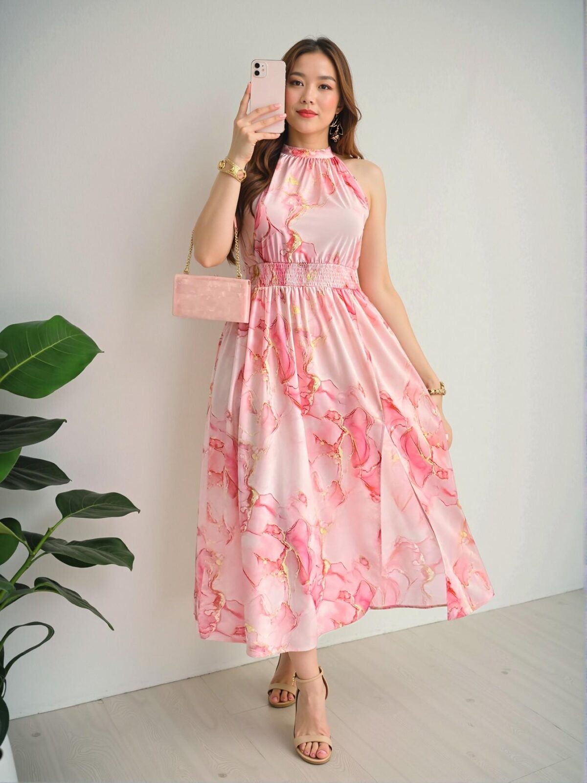Elegant Pink Boho High Slit Halter Dress with Gathered Waist and Flounce Hem for Spring and Summer Beach Play – Chic, Classy, and Trendy Fashion Style to Dress to Impress - Image 4