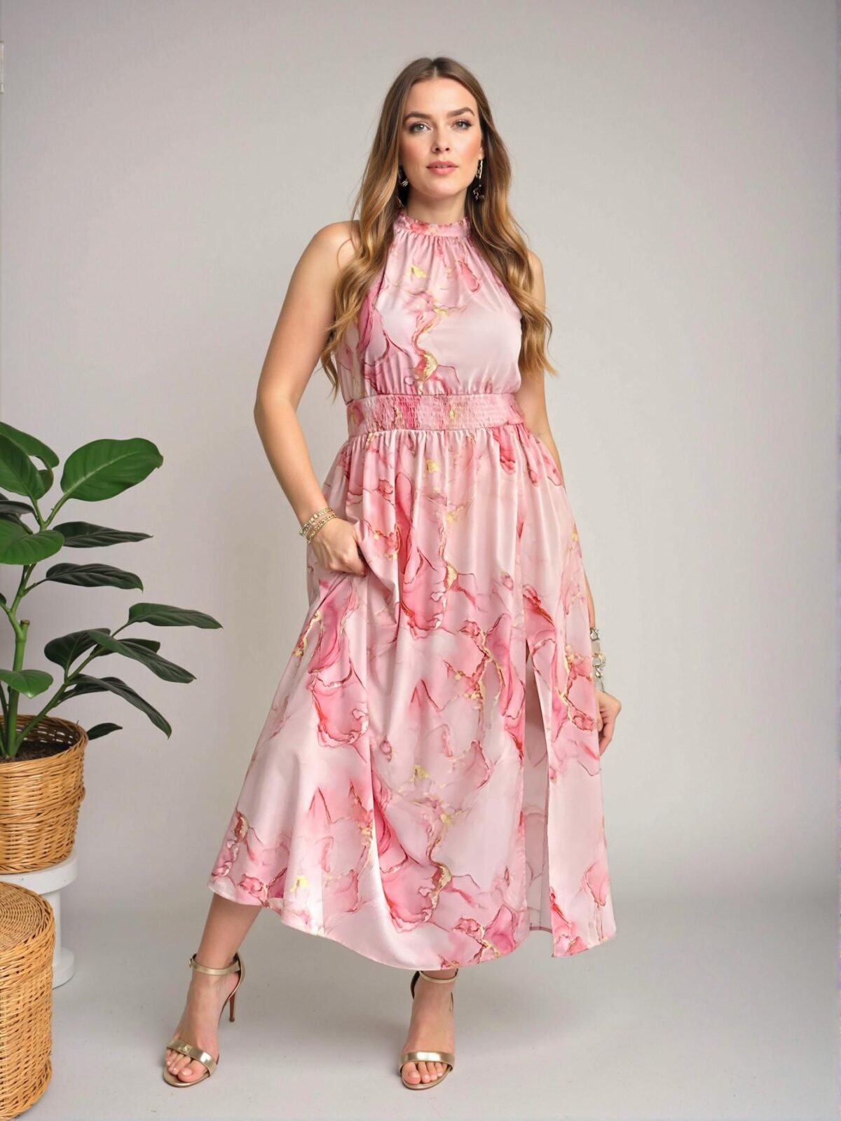 Elegant Pink Boho High Slit Halter Dress with Gathered Waist and Flounce Hem for Spring and Summer Beach Play – Chic, Classy, and Trendy Fashion Style to Dress to Impress - Image 5