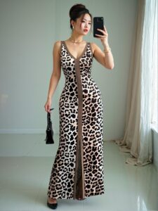 Elegant Multicolor Stylish Front Slit Leopard Print Dress, V-Neck Fitted Sleeveless Symmetric Collar Long Design for Spring and Summer - Chic, Classy and Trendy Fashion Style to Dress to Impress
