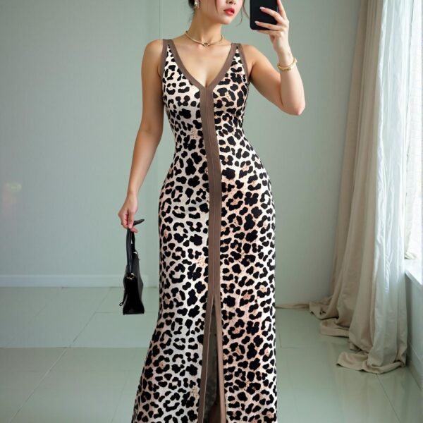Elegant Multicolor Stylish Front Slit Leopard Print Dress, V-Neck Fitted Sleeveless Symmetric Collar Long Design for Spring and Summer - Chic, Classy and Trendy Fashion Style to Dress to Impress