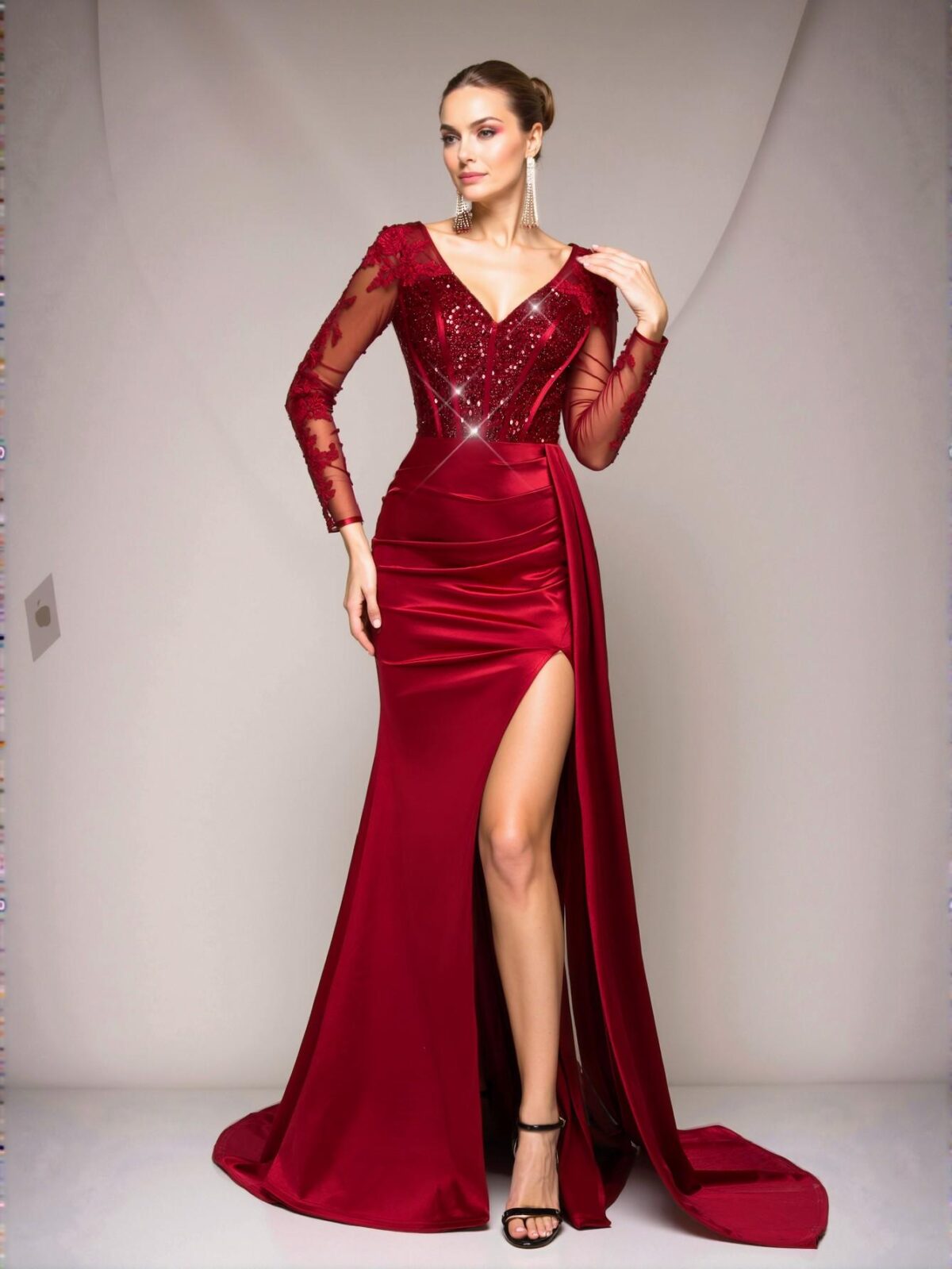 Elegant Burgundy Luxe V-Neck Sheer Long Sleeve Lace Sequined Mermaid Hem Satin Ruched Maxi Dress with Flowing Side Panels, Perfect for Weddings, Parties, Galas, and Formal Events. Perfect for party, prom, graduation day, and ceremony for university, college, and high school, Formal Evening Dinner Cocktail, Wedding Guest Gown, Chic, Classy and Trendy Fashion Style to Dress to Impress. - Image 5